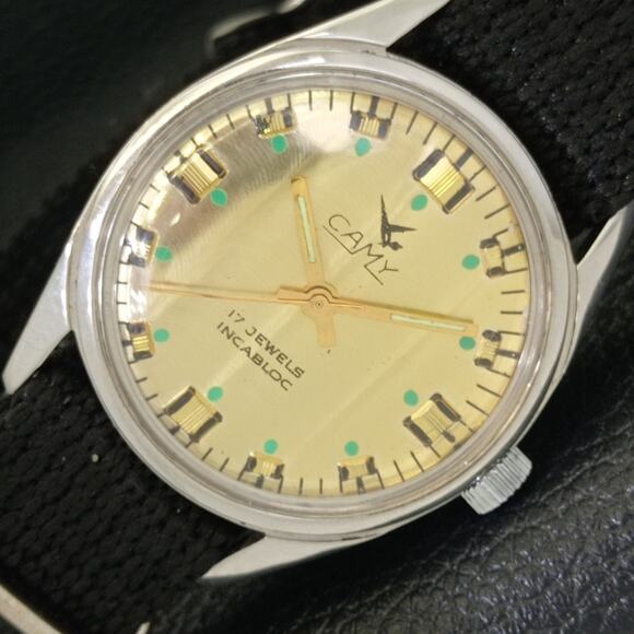 Vintage 1973 Camy Manual Mens Silver Watch W/Nato Strap & Gold accents - Picture 1 of 9